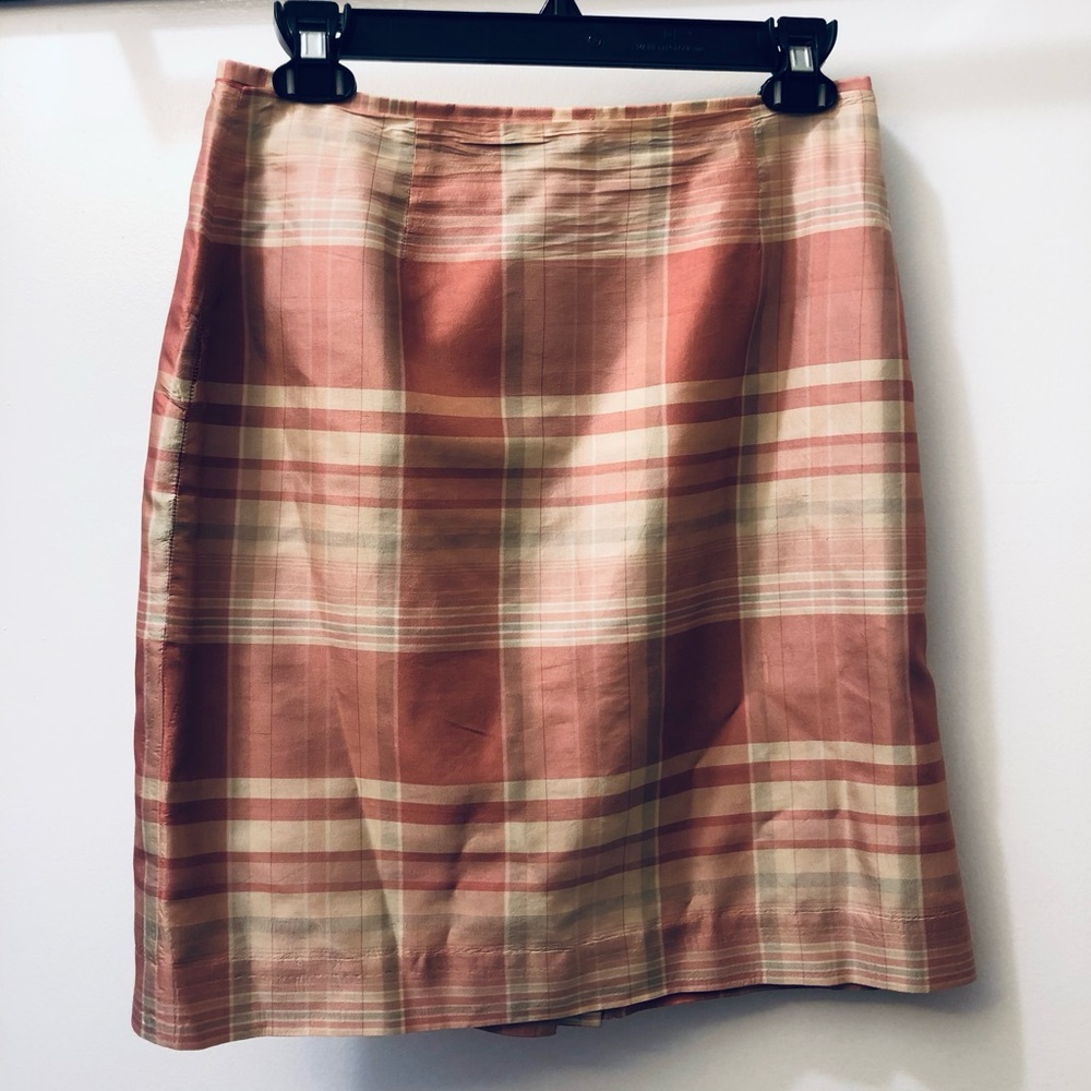 Josephine Chaus SILK Peach and Cream Plaid Pencil Skirt